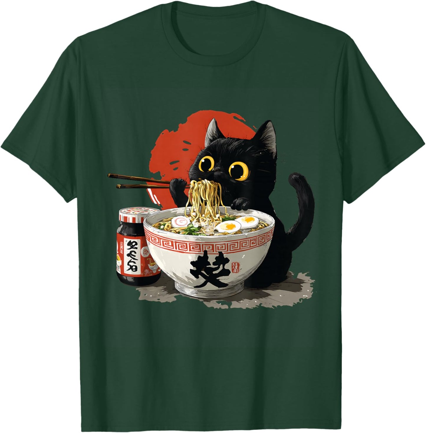Funny Japanese Cat Eating Noodles Ramen T-Shirt - T-Shirt | Forest