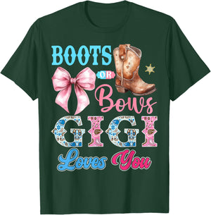 Boots or Bows Gigi Loves You Gender Reveal Party T-Shirt - T-Shirt | Forest
