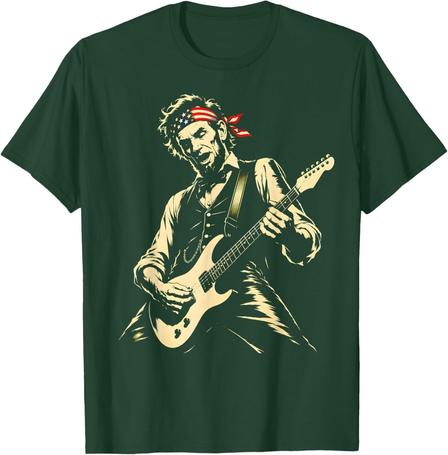 US Flag Bandana Abraham Lincoln Playing Guitar 4th of July T-Shirt - T-Shirt | Forest