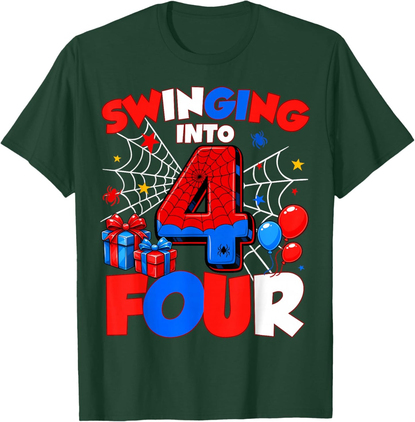 Swinging Into Four 4th Birthday Spiders 4 Year Old Boys T-Shirt - T-Shirt | Forest
