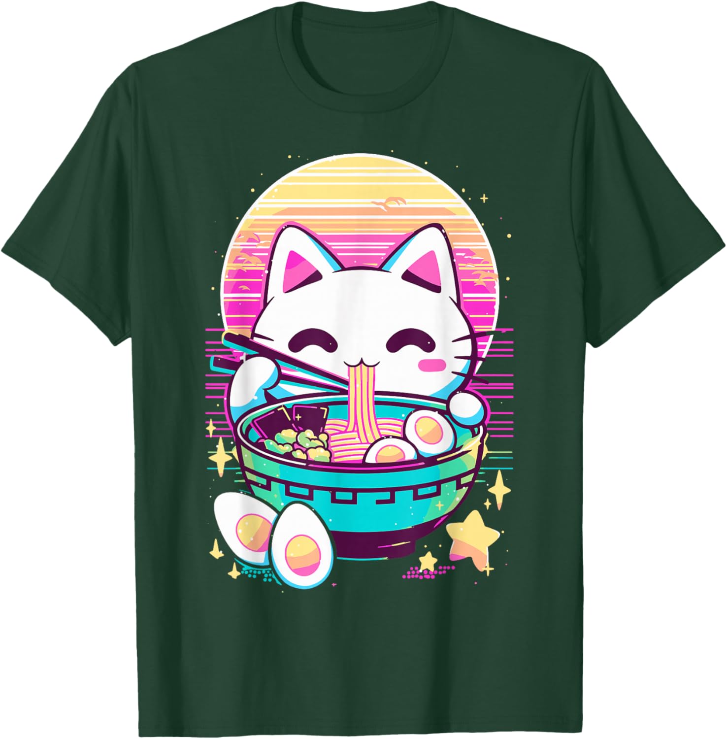 Anime Cat Eating Ramen Japanese Ramen Cat Japan T-Shirt - T-Shirt | Forest