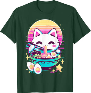 Anime Cat Eating Ramen Japanese Ramen Cat Japan T-Shirt - T-Shirt | Forest