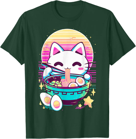 Anime Cat Eating Ramen Japanese Ramen Cat Japan T-Shirt - T-Shirt | Forest