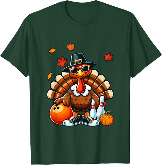 Turkey Sunglasses Costume Thanksgiving Playing Bowling T-Shirt - T-Shirt | Forest