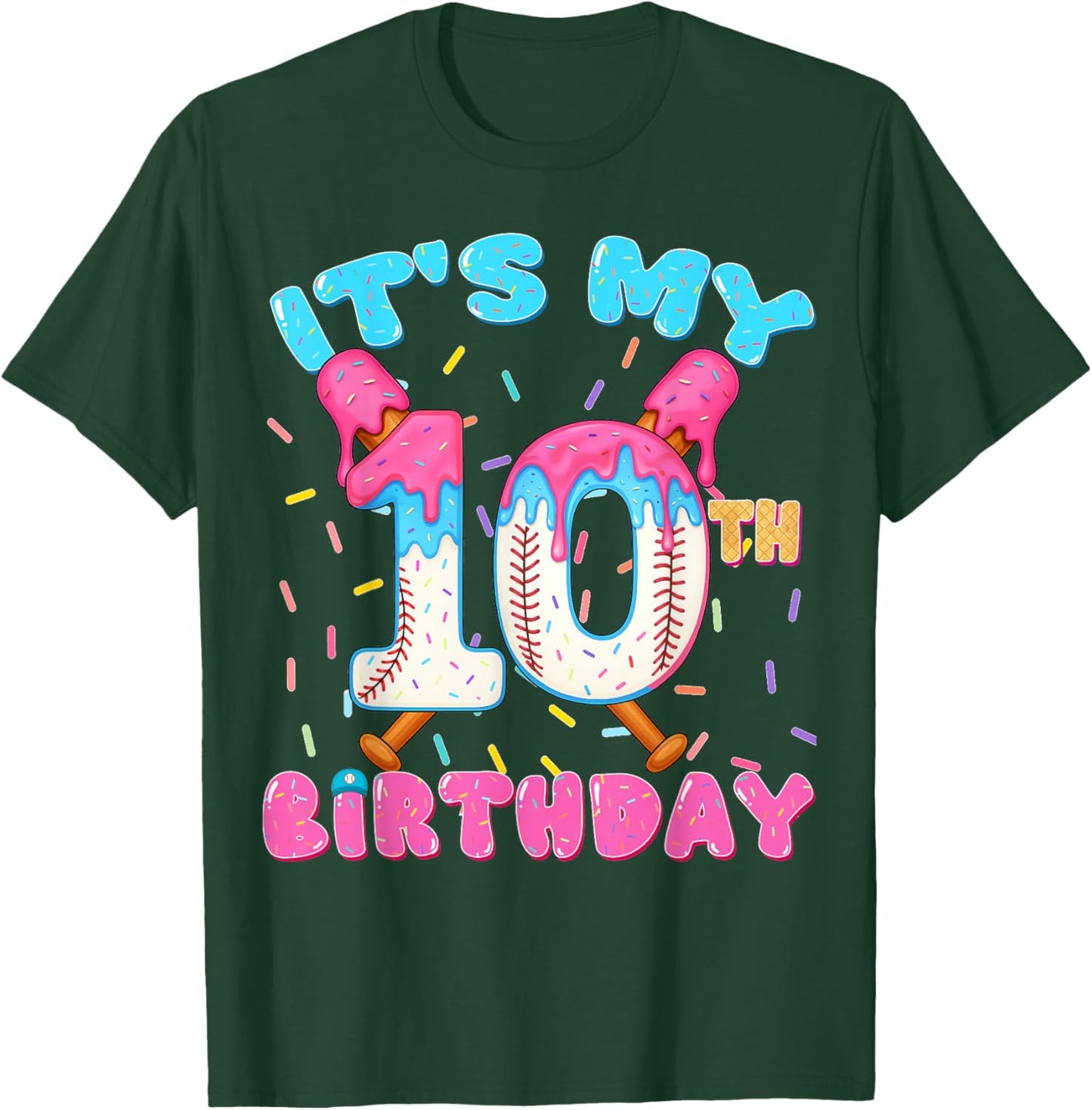 Baseball 10 Year Old Ice Cream Drip 10th Birthday Boy 10 T-Shirt - T-Shirt | Forest
