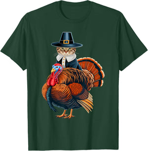 Pilgrim Cat With Turkey Funny Thanksgiving Cat And Turkey T-Shirt - T-Shirt | Forest