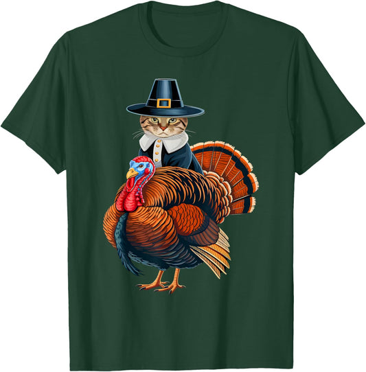 Pilgrim Cat With Turkey Funny Thanksgiving Cat And Turkey T-Shirt - T-Shirt | Forest