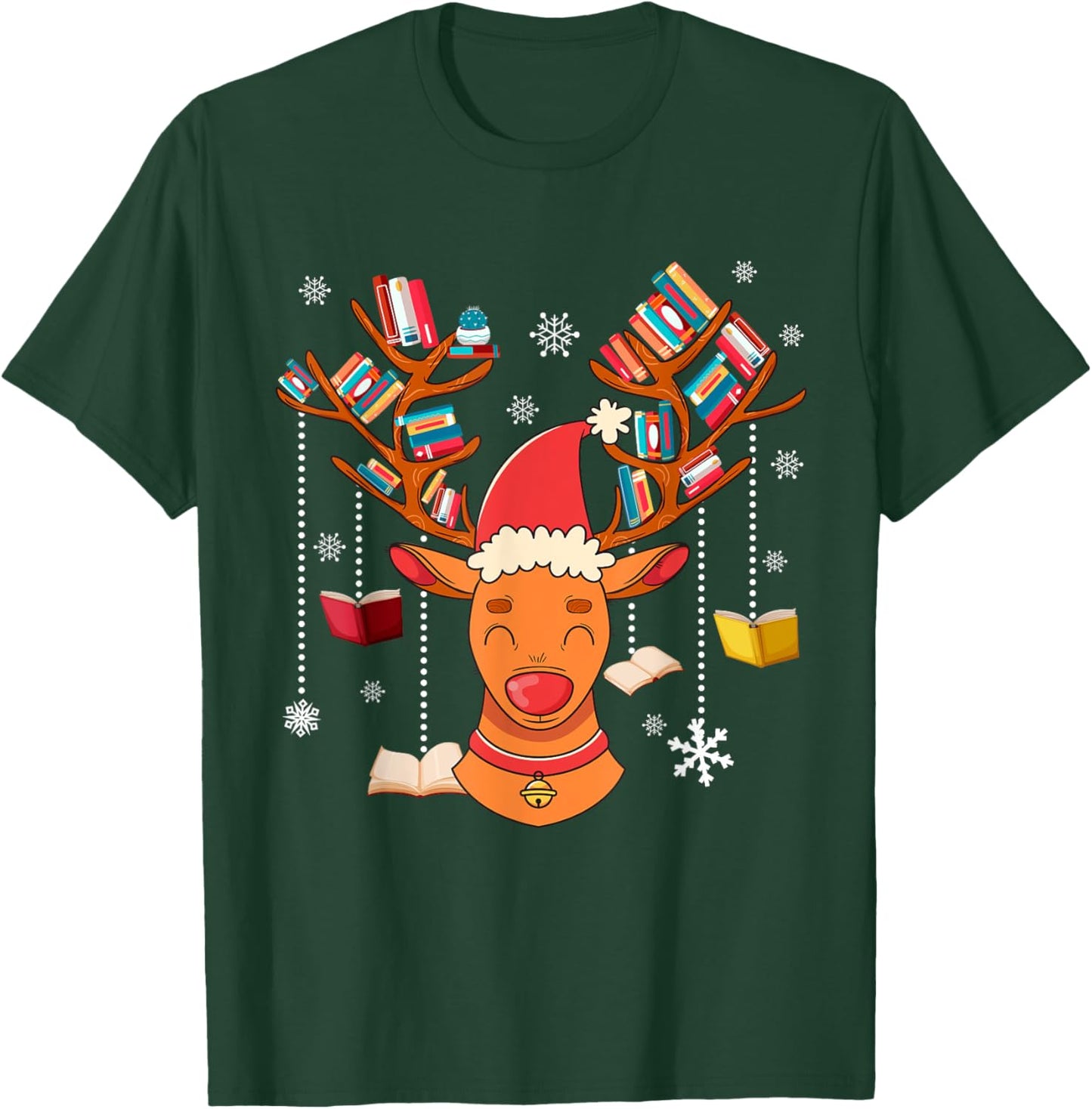 Christmas Librarian Reindeer Xmas Book Teachers Love Reading T-Shirt - T-Shirt | Forest