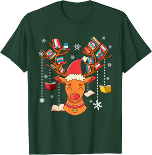 Christmas Librarian Reindeer Xmas Book Teachers Love Reading T-Shirt - T-Shirt | Forest