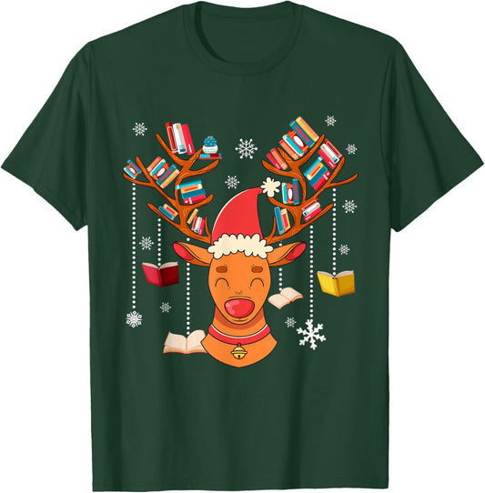 Christmas Librarian Reindeer Xmas Book Teachers Love Reading T-Shirt - T-Shirt | Forest