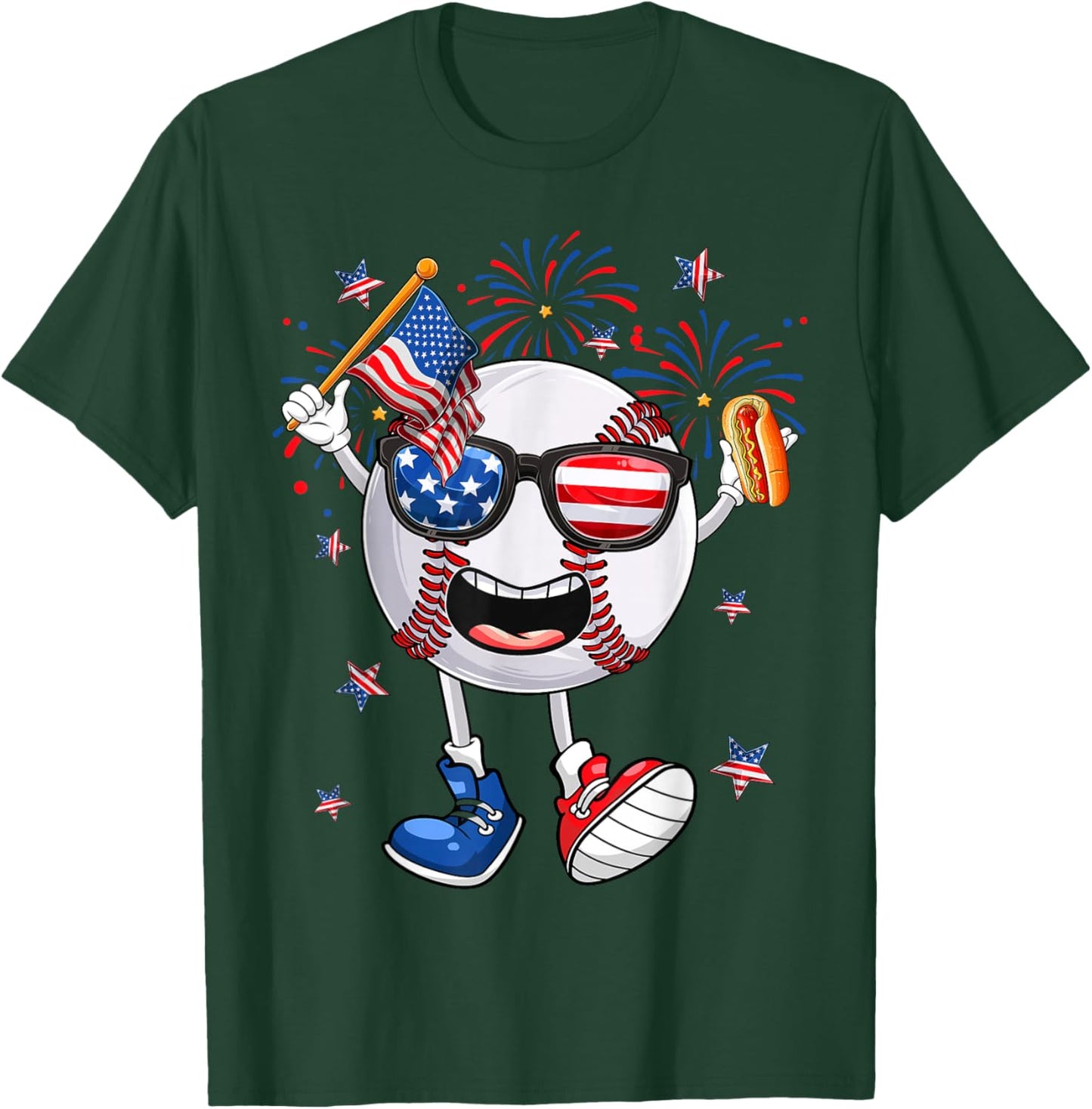 Baseball Holding Hotdog USA Independence Day 4th Of July T-Shirt - T-Shirt | Forest