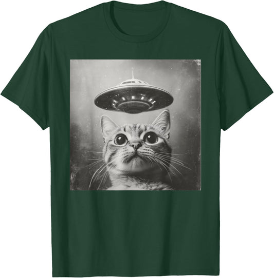 Cat Selfie With Alien UFO Funny Cat T-Shirt - T-Shirt | Forest