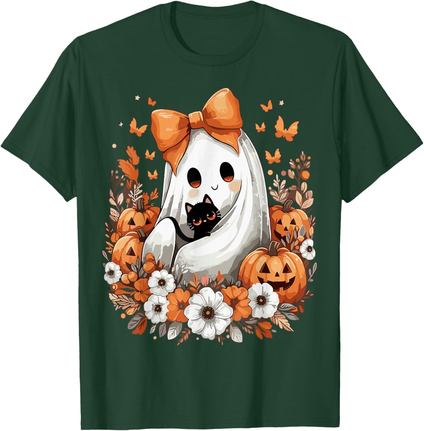 Halloween Vintage Ghost with Black Cat Pumpkin Flowers T-Shirt - T-Shirt | Forest