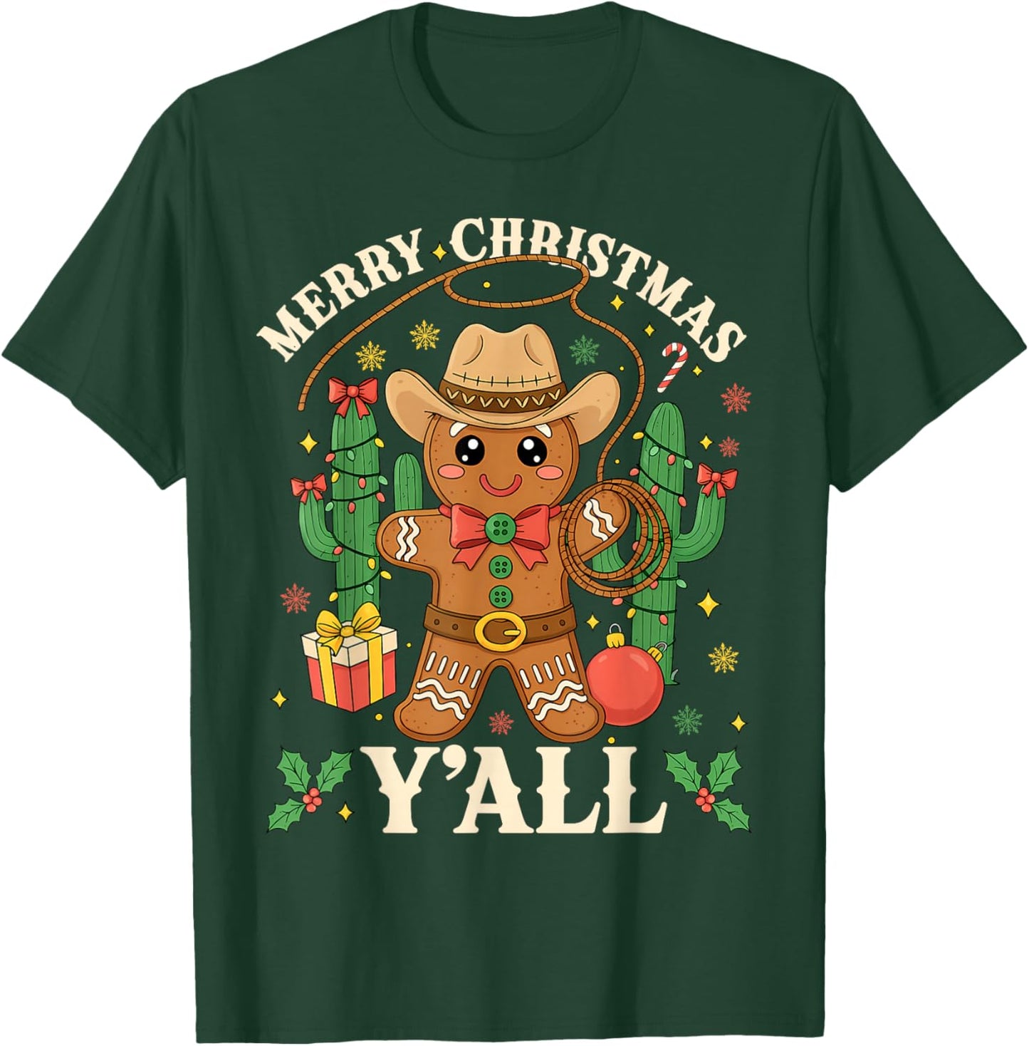Merry Christmas Yall Gingerbread Cowboy Cowgirl Howdy Xmas T-Shirt - T-Shirt | Forest