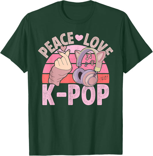 Retro Headset Kpop Peace Love K-Pop Heart K Pop Girl T-Shirt - T-Shirt | Forest