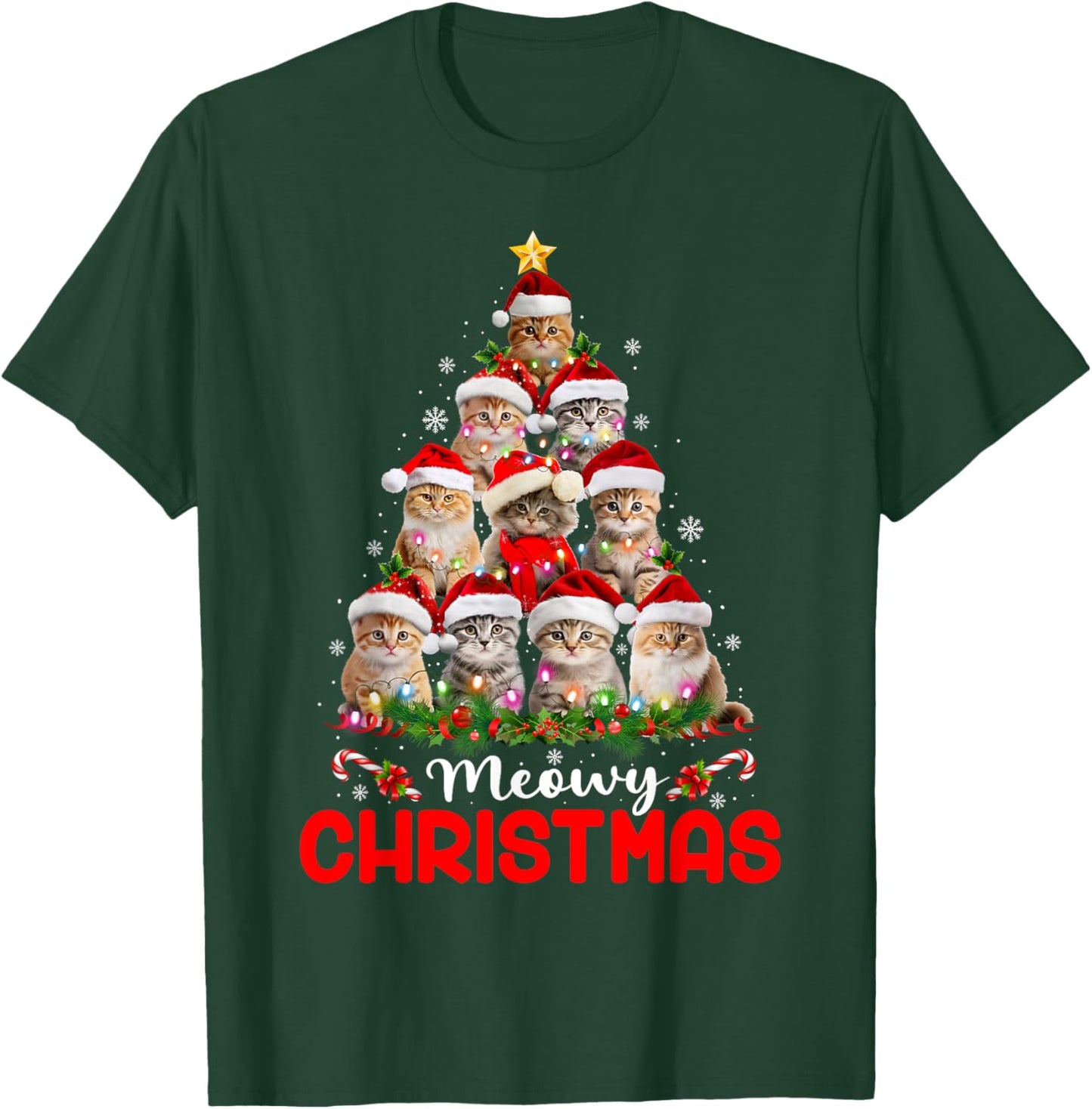 Merry Catmas Cat Christmas Tree Lights Funny Xmas Pajamas Women Kids T-Shirt - T-Shirt | Forest
