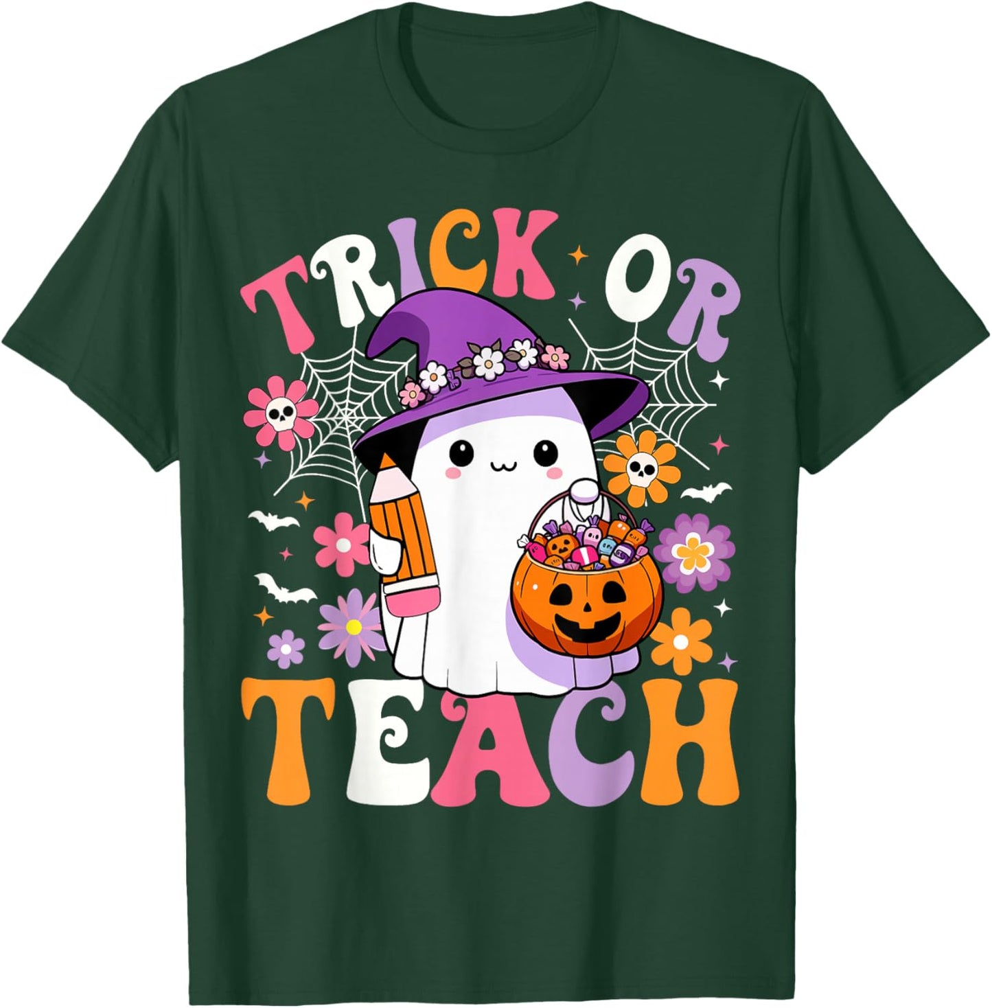 Trick Or Teach Groovy Teacher Ghost Funny Halloween Teacher T-Shirt - T-Shirt | Forest