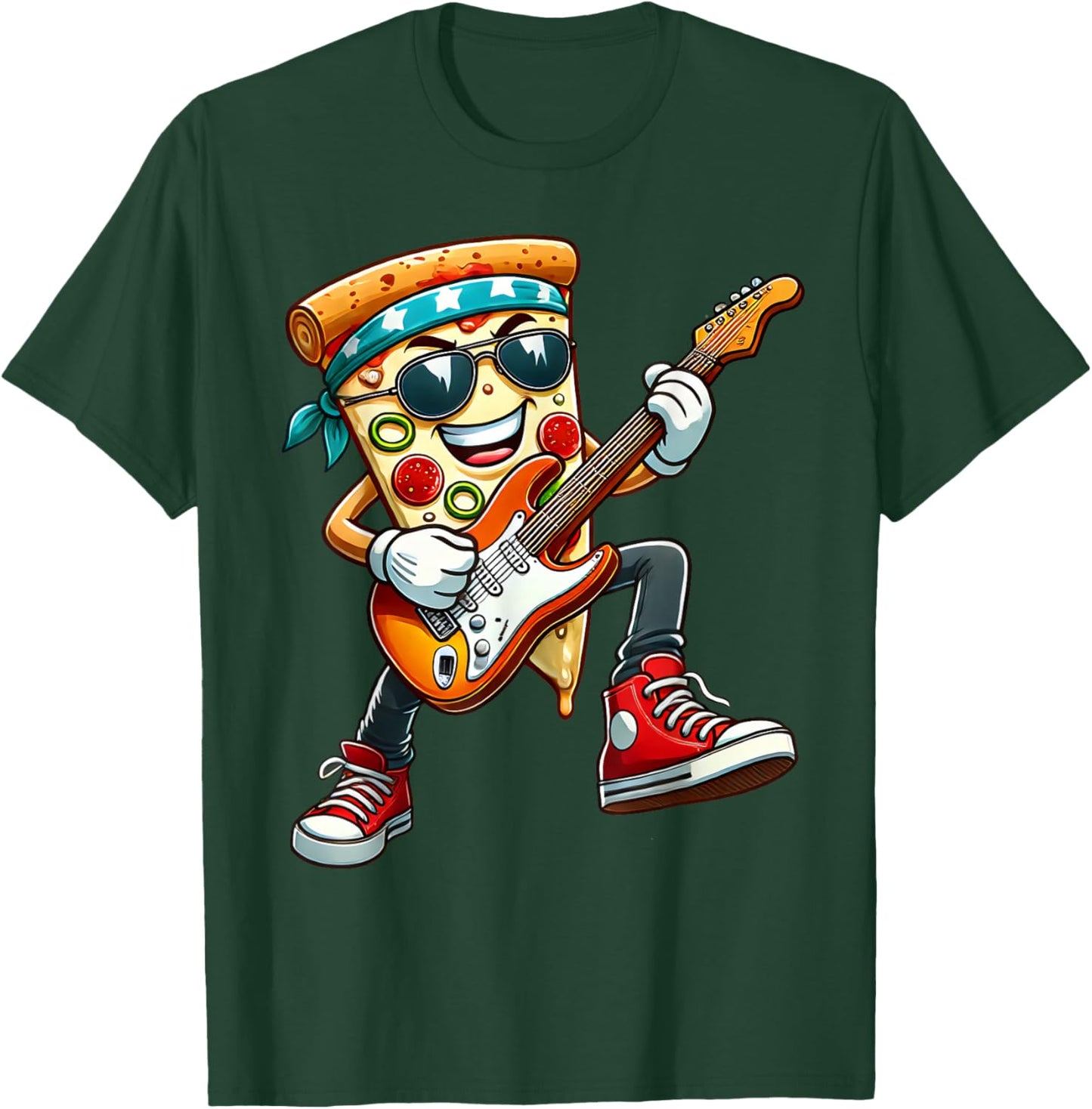 Funny Pizza Rockstar Electric Guitar Music Men Women Kids T-Shirt - T-Shirt | Forest