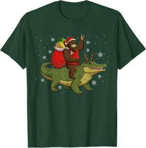 Bigfoot Riding Alligator Deer Xmas Alligator Christmas T-Shirt - T-Shirt | Forest