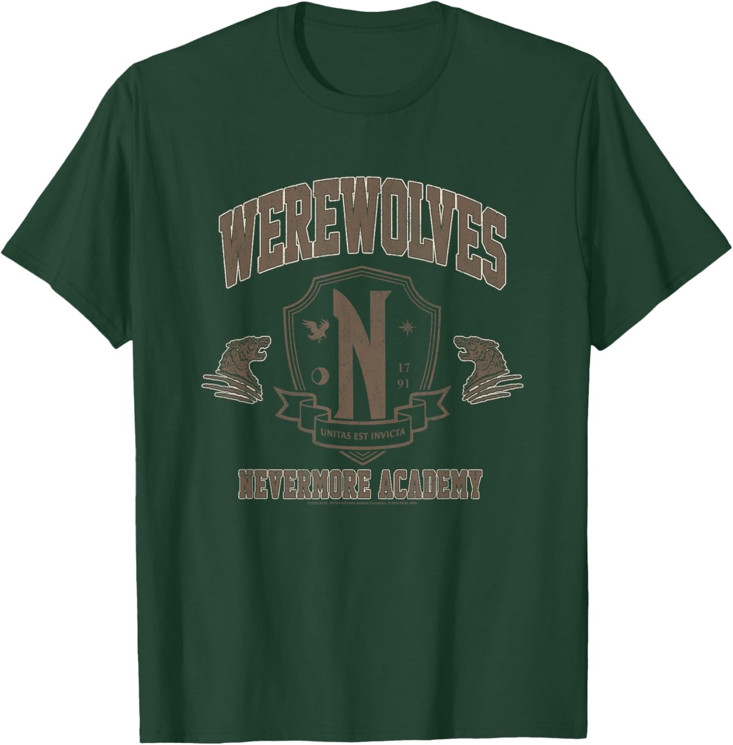 Wednesday Werewolves Nevermore Academy Distressed Chest Logo T-Shirt - T-Shirt | Forest