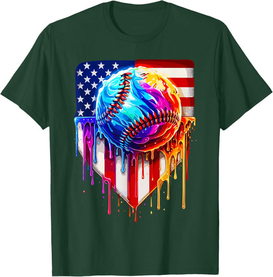 Baseball Ice Cream American Flag Drip T-Shirt - T-Shirt | Forest