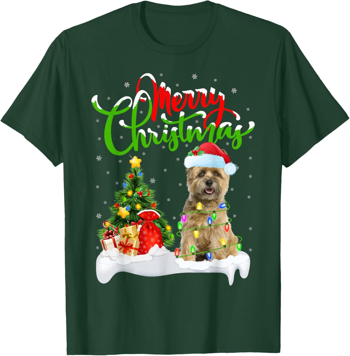 Xmas Tree Lights Santa Hat Cairn Terrier Dog Christmas Women Kids T-Shirt - T-Shirt | Forest