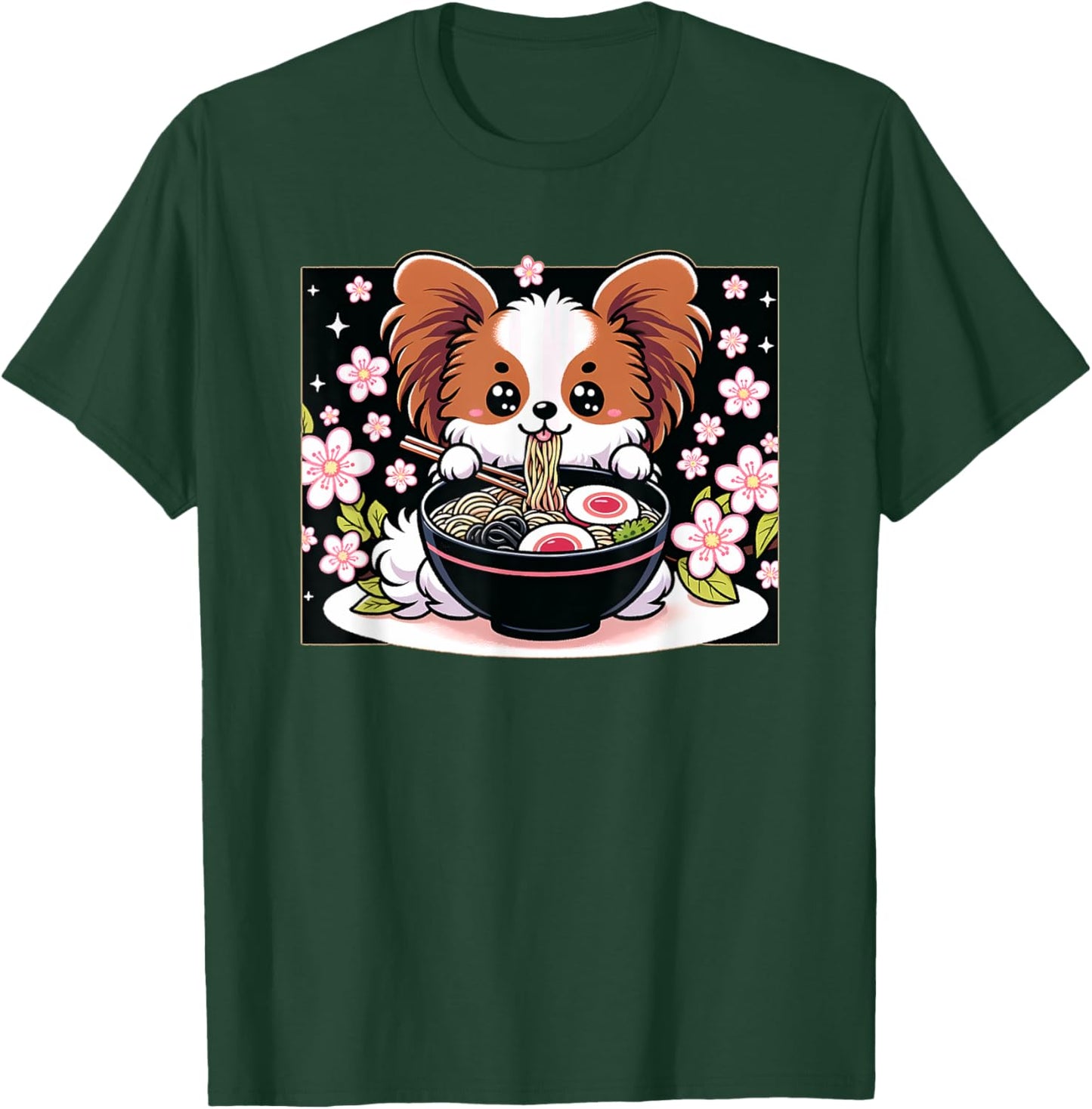 Kawaii Papillon dog Eating Ramen T-Shirt - T-Shirt | Forest