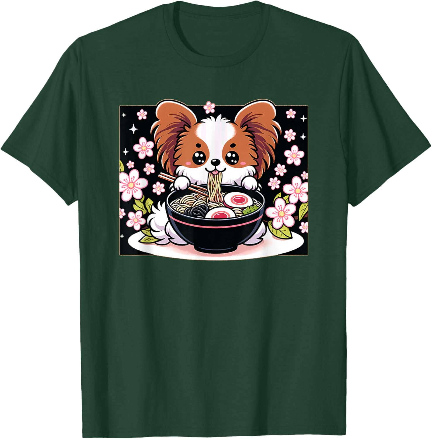 Kawaii Papillon dog Eating Ramen T-Shirt - T-Shirt | Forest