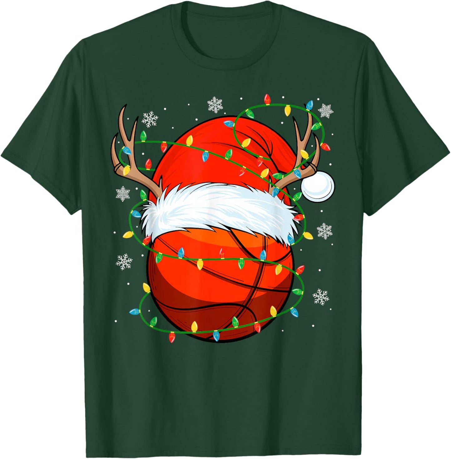 Santa Basketball Ball Xmas Lights Christmas Basketball T-Shirt - T-Shirt | Forest