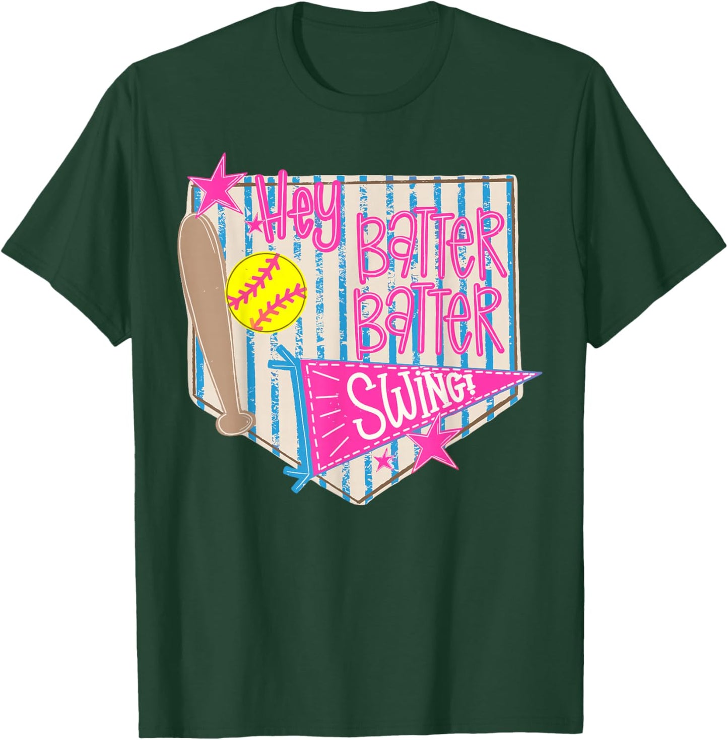 Hey Batter Batter Swing Coquette Game Day Softball Funny T-Shirt - T-Shirt | Forest