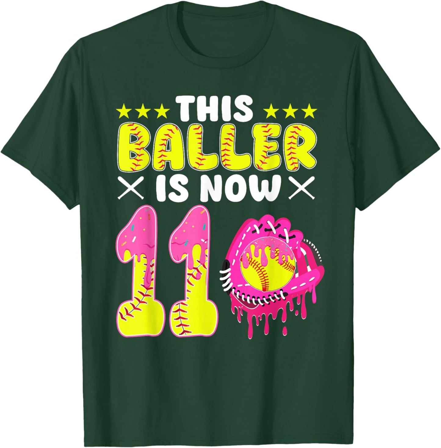 This Baller is Now 11 Year Old Bday Softball Ice Cream Drip T-Shirt - T-Shirt | Forest