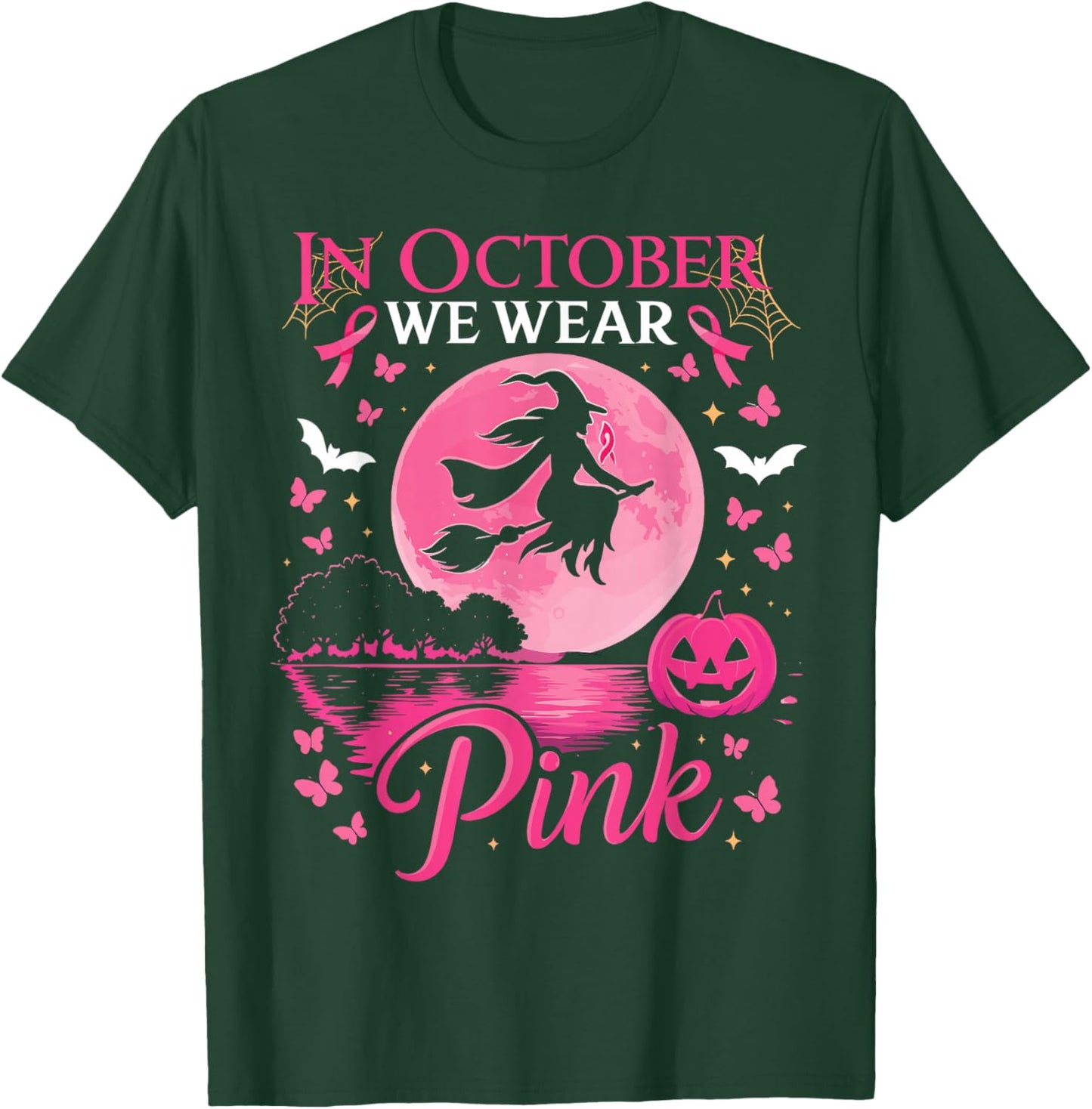 in October We Wear Pink Ribbon Witch Halloween Shirt T-Shirt - T-Shirt | Forest