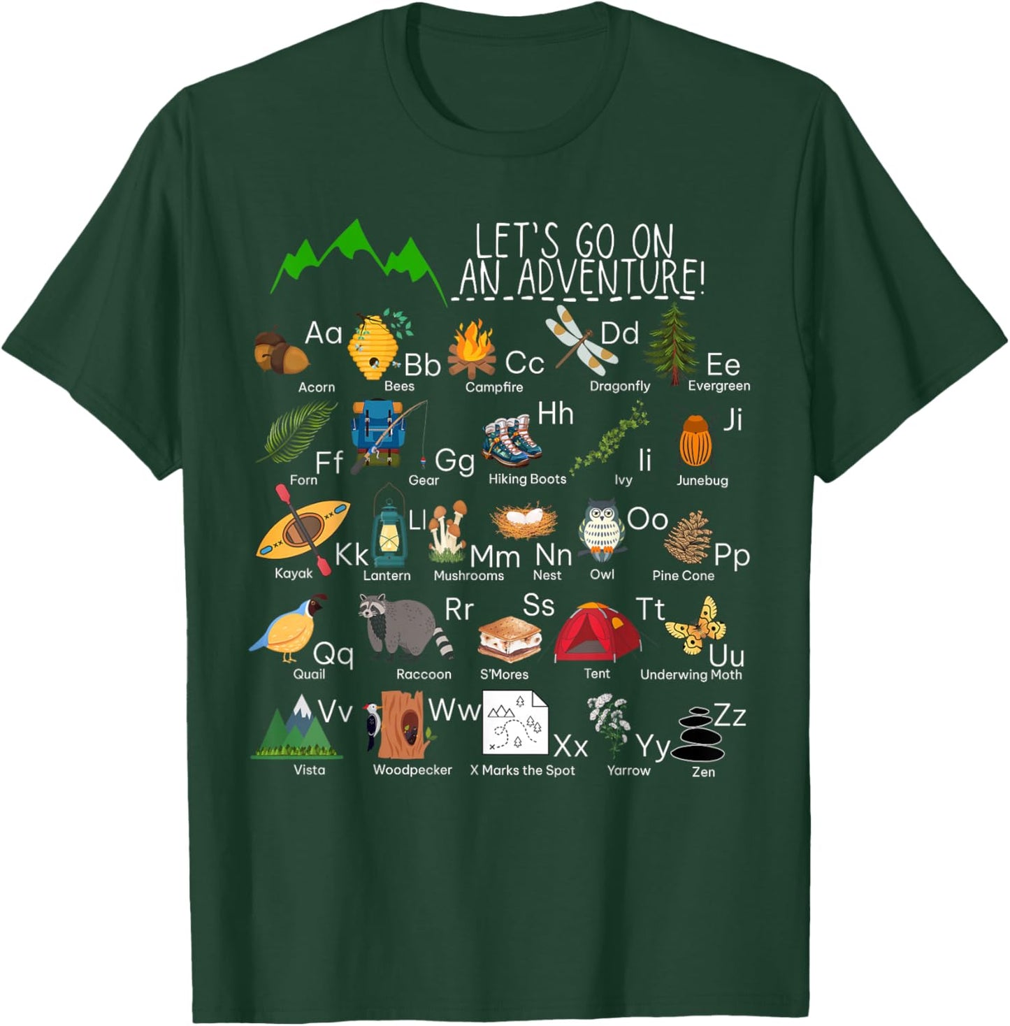 Retro Adventure Camping Alphabet ABCs Hiker Mountains Camp T-Shirt - T-Shirt | Forest