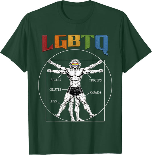LGBTQ Legs Glutes Biceps Triceps Quads Vitruvian Gym Anatomy T-Shirt - T-Shirt | Forest