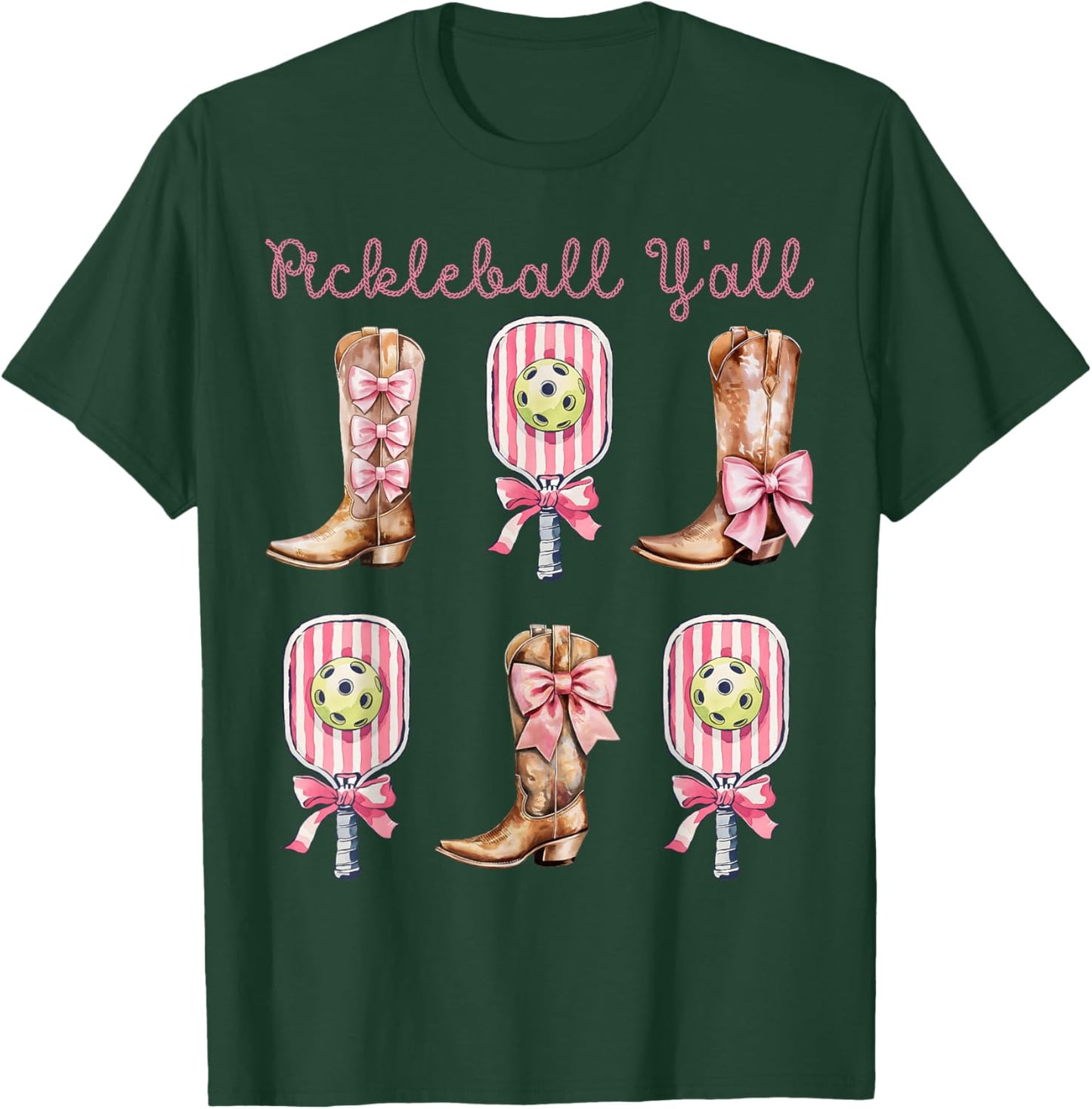 Pickleball Y'all Western Boots and Paddle Funny Pickleball T-Shirt - T-Shirt | Forest
