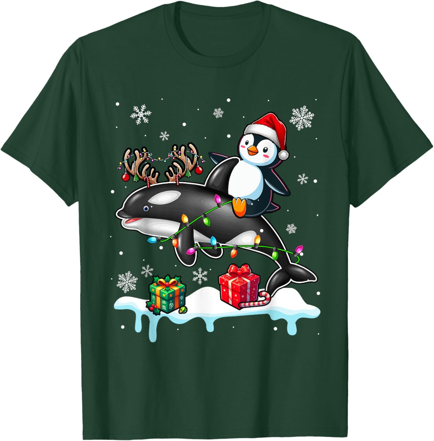 Christmas Santa Penguin Riding Reindeer Orca Lover Kids T-Shirt - T-Shirt | Forest