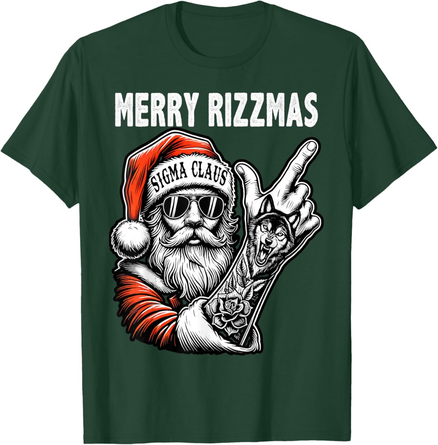 Merry Rizzmas, Funny Santa Wolf Tattoo Christmas Sigma Claus T-Shirt - T-Shirt | Forest