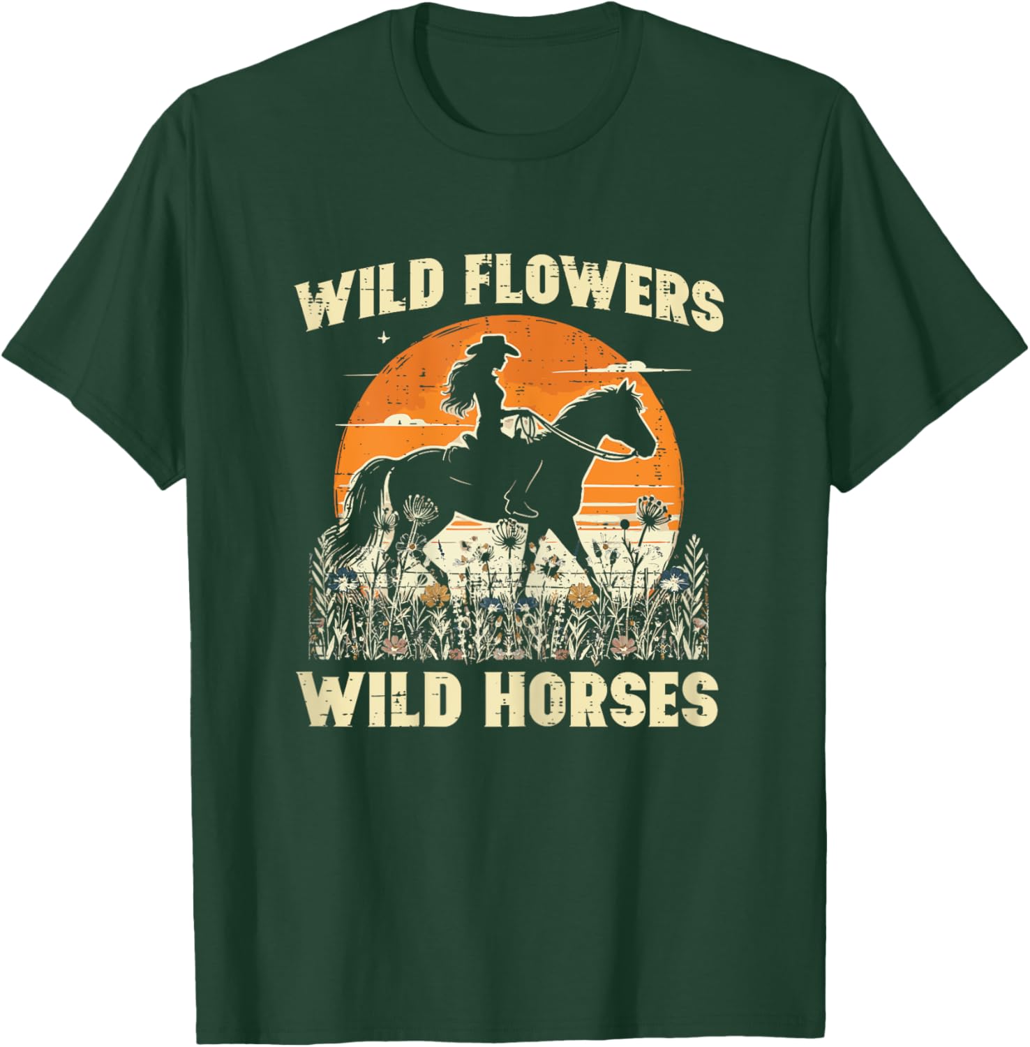 Wild Flowers Horses Cowgirl Retro Rodeo Girls Kids Women T-Shirt - T-Shirt | Forest