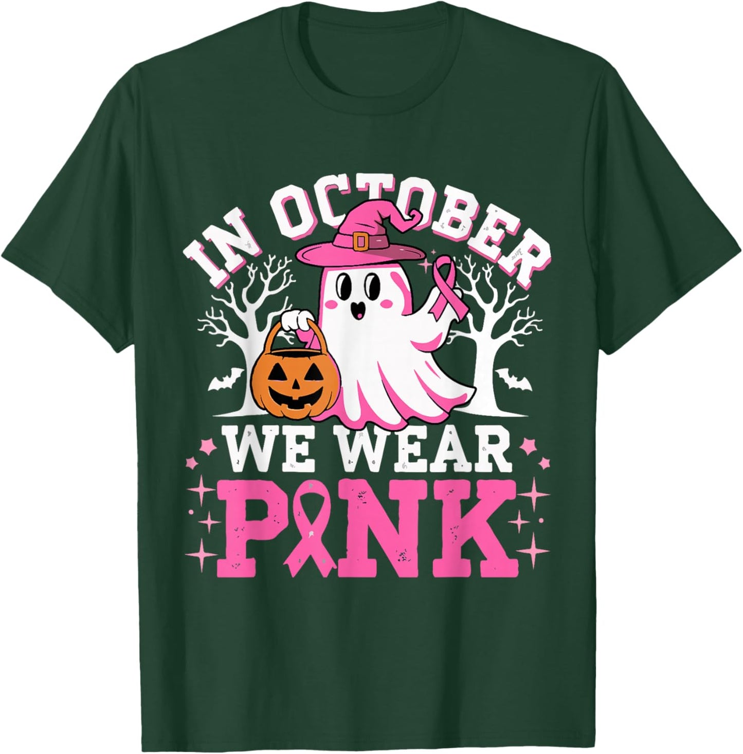 In October We Wear Pink Witch Ghost Halloween Breast Cancer T-Shirt - T-Shirt | Forest