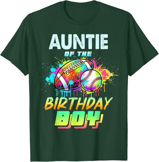 Auntie of The Birthday Boy Baseball Football Colorful T-Shirt - T-Shirt | Forest