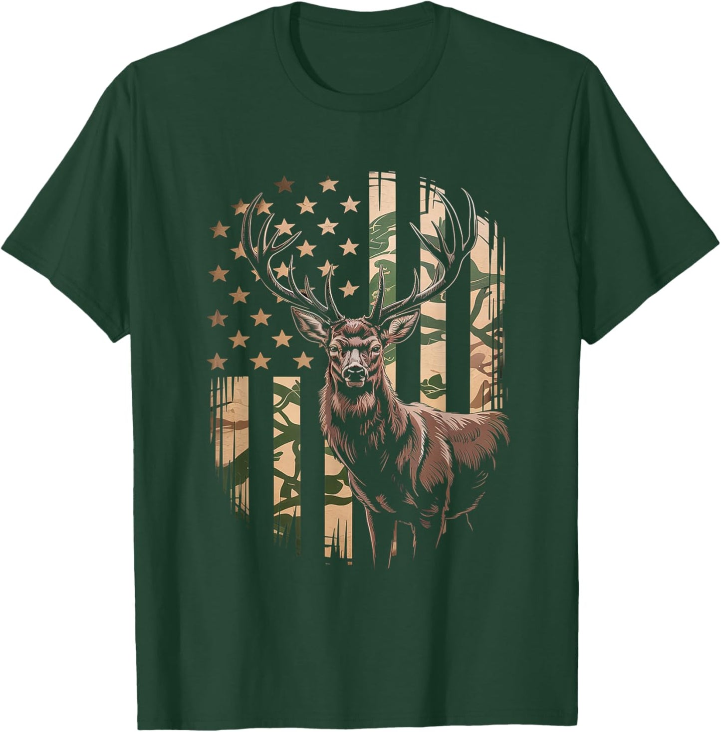 Deer Hunting Camo American Flag - Buck USA T-Shirt - T-Shirt | Forest