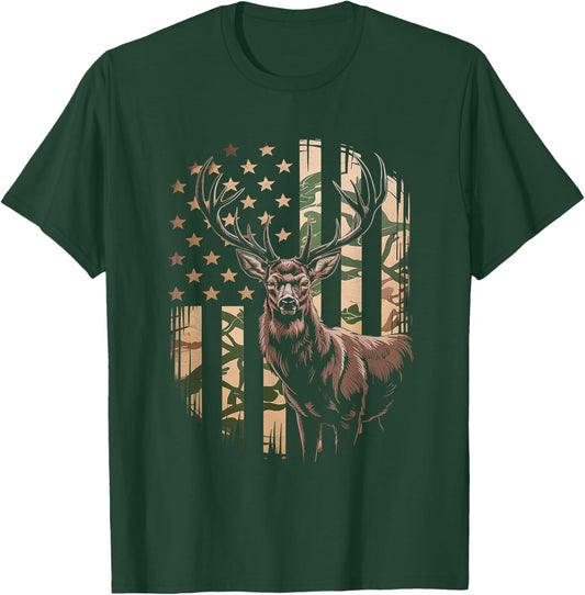 Deer Hunting Camo American Flag - Buck USA T-Shirt - T-Shirt | Forest