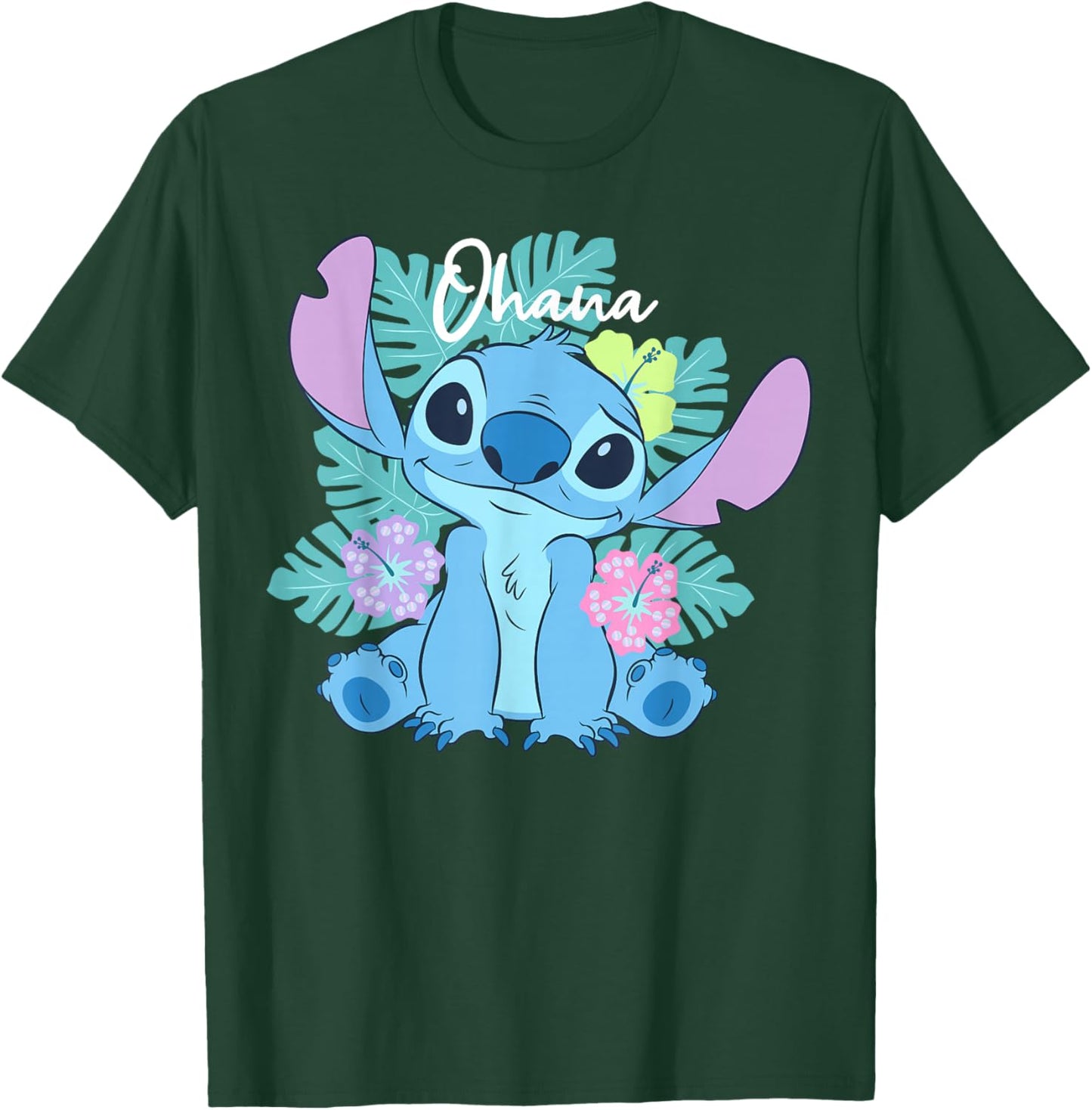 Disney Lilo & Stitch Ohana Adorable Pose Floral Logo T-Shirt - T-Shirt | Forest