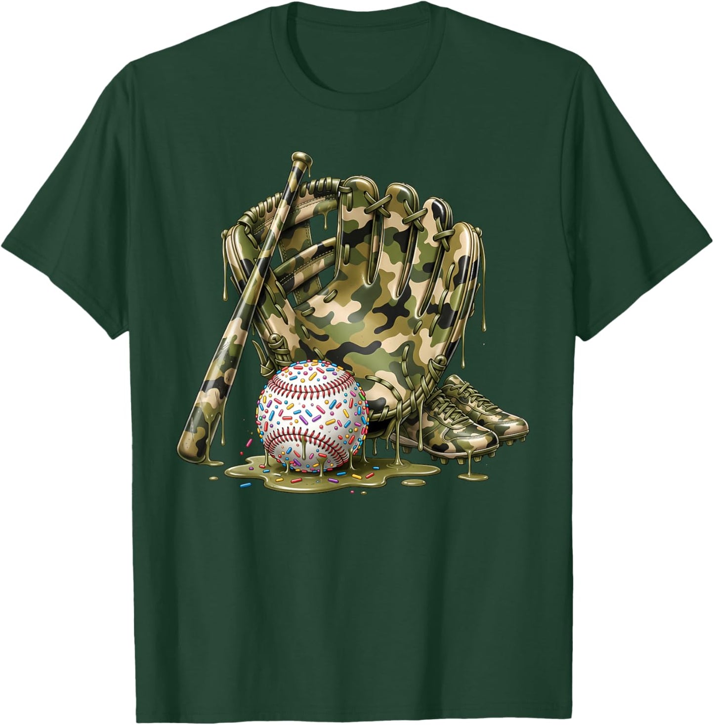 Camo Baseball Drip Ice Cream Baseball Funny Boys Men T-Shirt - T-Shirt | Forest
