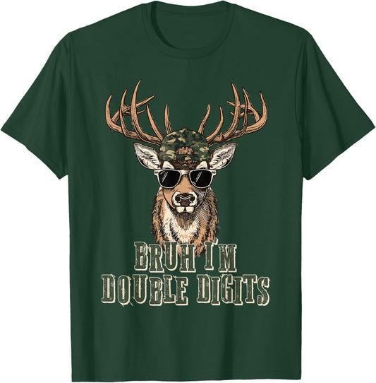 Bruh I'm Double Digits Deer Hunting Hunter 10th Birthday Boy T-Shirt - T-Shirt | Forest