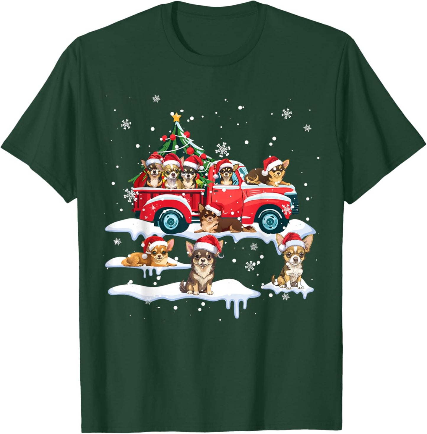 Chihuahua Dog Riding Red Truck Ugly Sweater Merry Christmas T-Shirt - T-Shirt | Forest