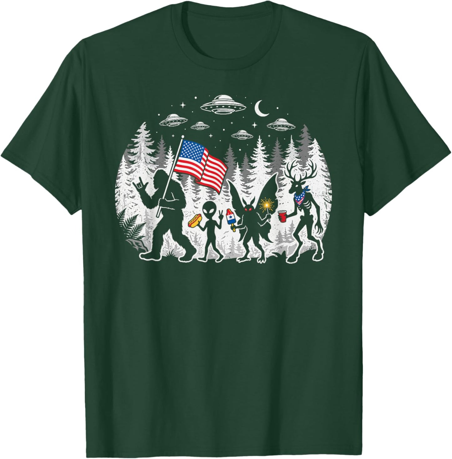 Funny Bigfoot Alien Patriotic 4th of July UFO Forest T-Shirt - T-Shirt | Forest