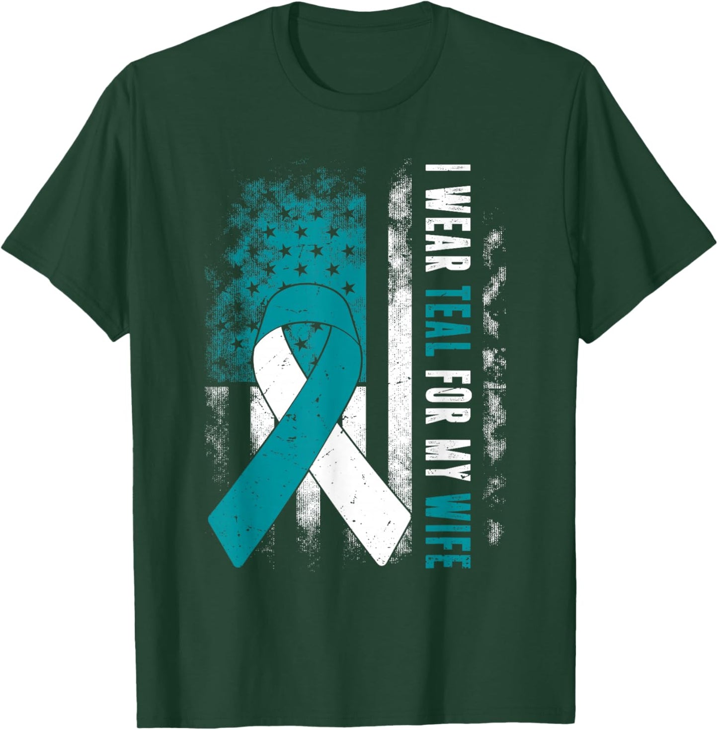 I Wear Teal For My Wife Cervical Cancer Husband USA Flag T-Shirt - T-Shirt | Forest
