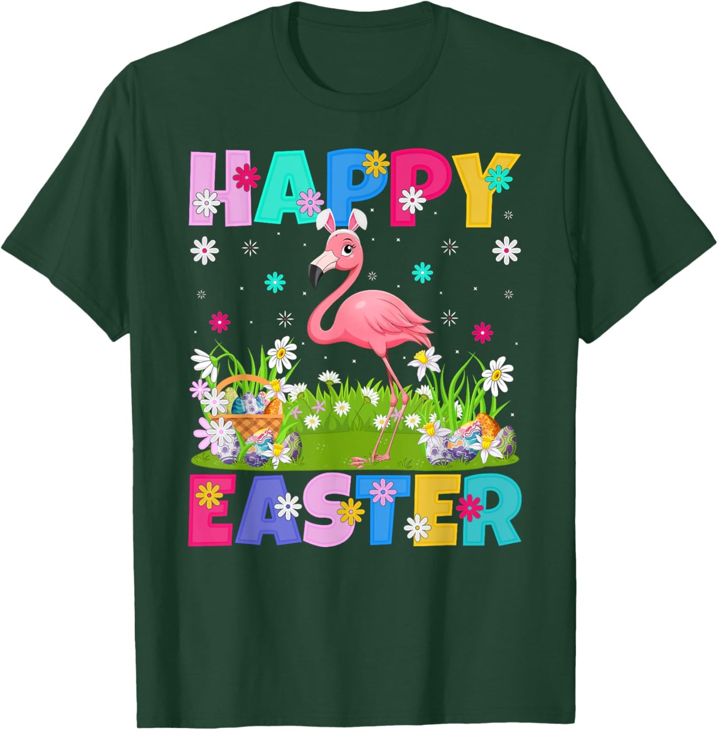 Flamingo Happy Easter Egg Hunt Bunny Ear Flamingo Easter T-Shirt - T-Shirt | Forest