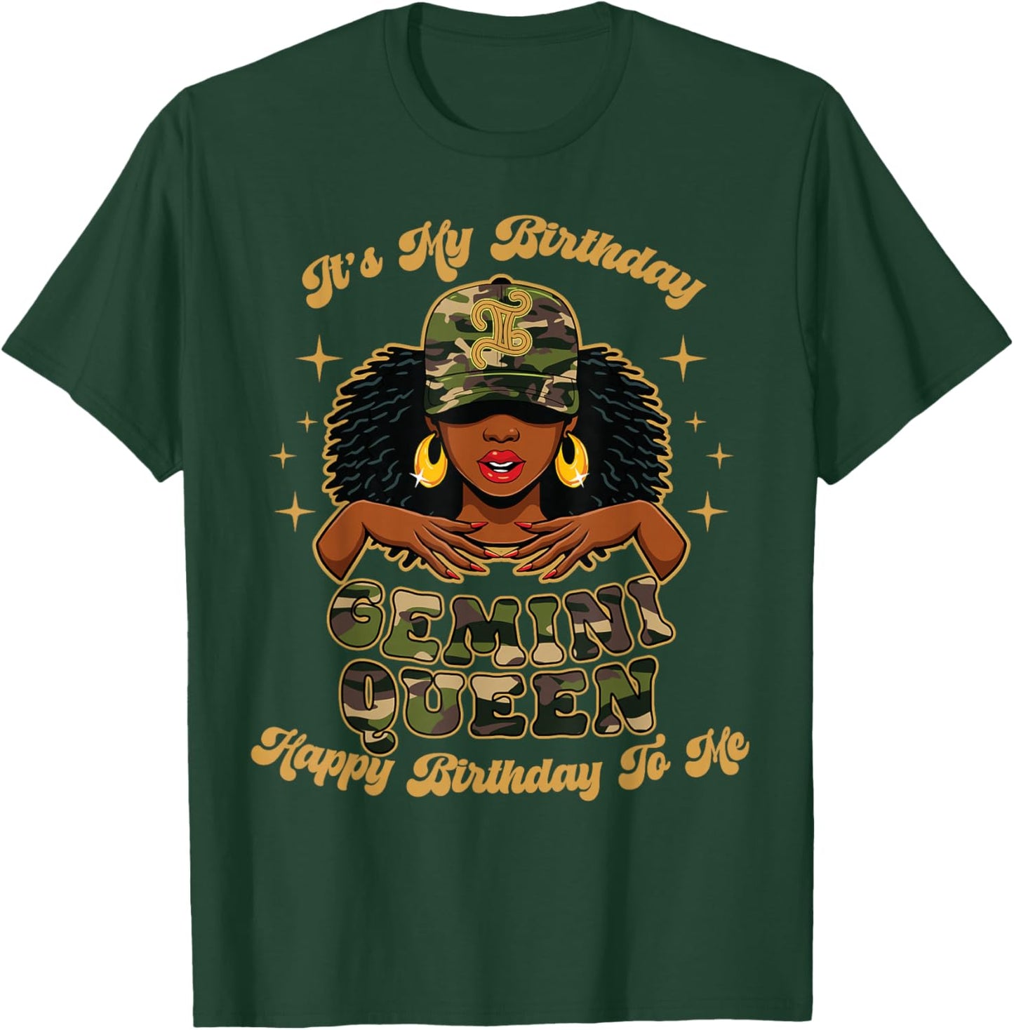 Birthday Gemini Queen Camo Black Woman African Zodiac Afro T-Shirt - T-Shirt | Forest